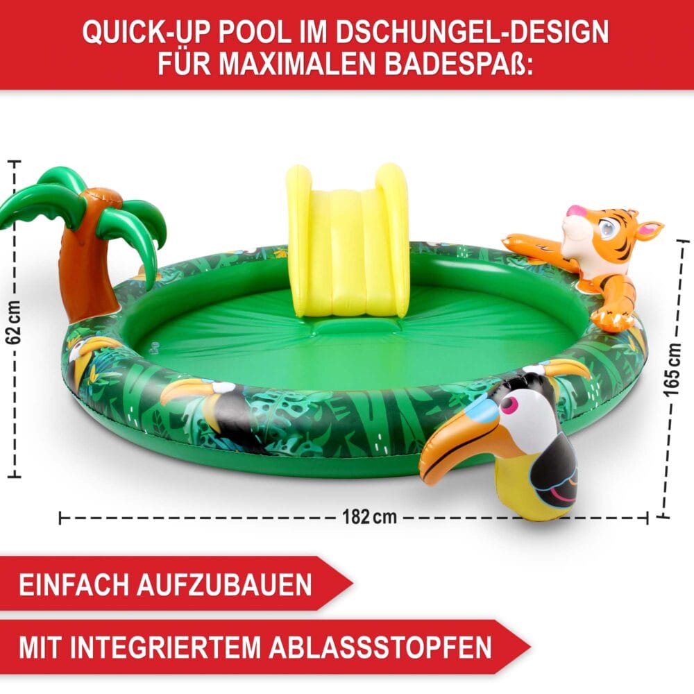 Kinder-Planschbecken mit Rutsche im Dschungel-Design, Größe 182x62x165 cm.